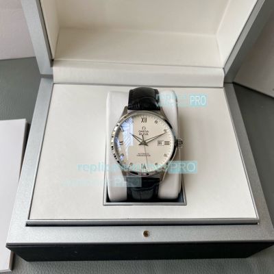 Replica Omega De Ville Men Leather Strap White Face Rounded Bezel Watch 40mm